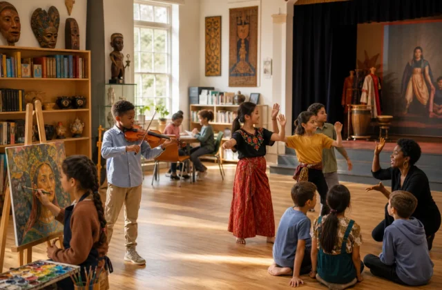 Kinderen volgen een kunst- en muziekles in een museumzaal; een jongen speelt viool en anderen dansen en schilderen