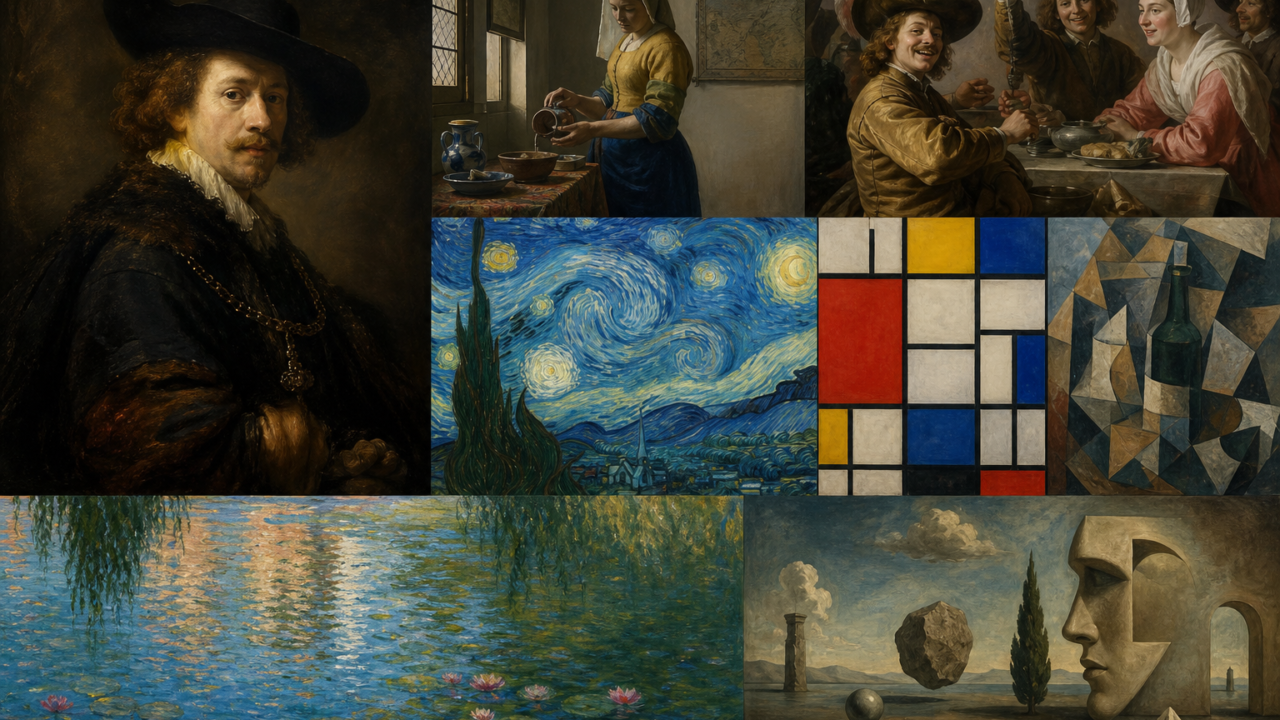 Collage van diverse kunstwerken, waaronder portretten, een sterrennacht, abstracte composities en een waterleliescène