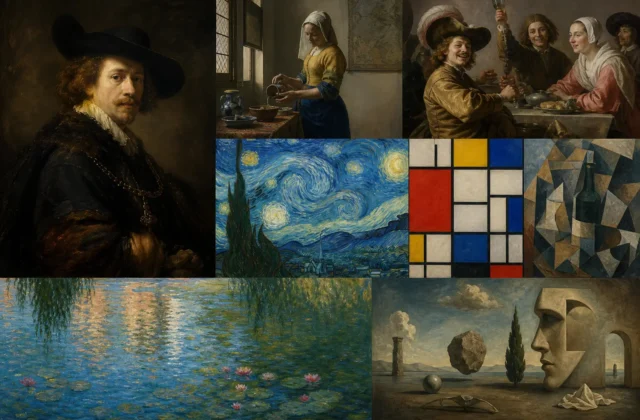 Collage van diverse kunstwerken, waaronder portretten, een sterrennacht, abstracte composities en een waterleliescène