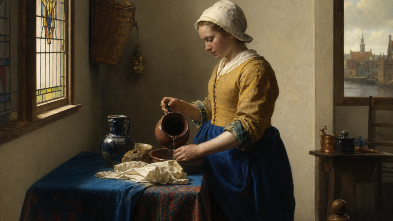 Create a refined editorial-style image inspired by Johannes Vermeer: a serene 17th-century Dutch interior in Delft, lit by soft natural daylight streaming through a leaded window from the left, illuminating a single contemplative figure at a table with a jug, cloth, and simple household objects. Emphasize stillness, quiet concentration, balanced composition, luminous textures, and rich yet restrained colors—deep ultramarine, warm ochre, cream, and muted brown. Include subtle references to Vermeer’s signature realism and the atmosphere of his small, meticulously composed paintings, with a calm, almost photographic sense of light and shadow. Add a faint suggestion of Dutch Golden Age domestic life and, in the distant background through a window, a small glimpse of the Delft cityscape. No text, no modern objects, no overt symbolism, cinematic but intimate, highly detailed, painterly realism.