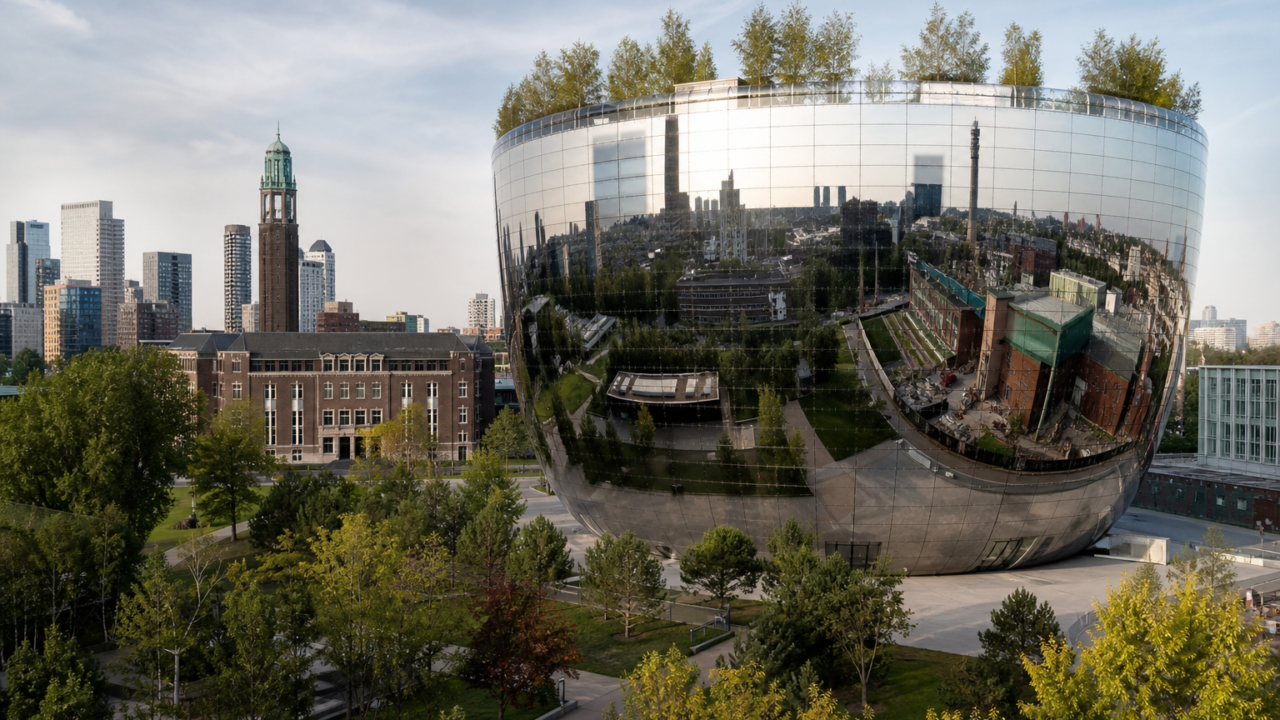 De Markthal in Rotterdam met de stad en bomen eromheen, weerspiegeld in de gevel