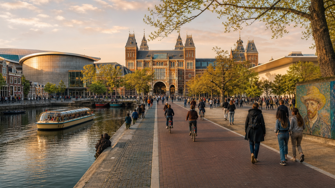 Drukke kade langs een gracht bij het Rijksmuseum in Amsterdam, met fietsers, wandelaars en een rondvaartboot bij zonsondergang