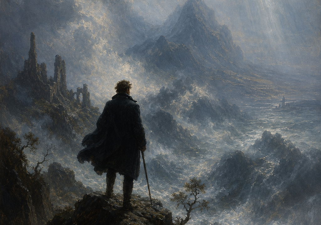 Een eenzame wandelaar met stok kijkt uit over een mistig bergdal onder dramatische lichtstralen