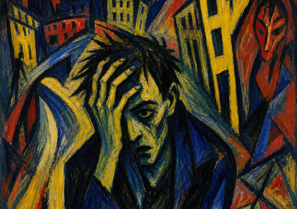 Expressionistisch schilderij van een angstige figuur in een vervormd stadslandschap onder een rode zon