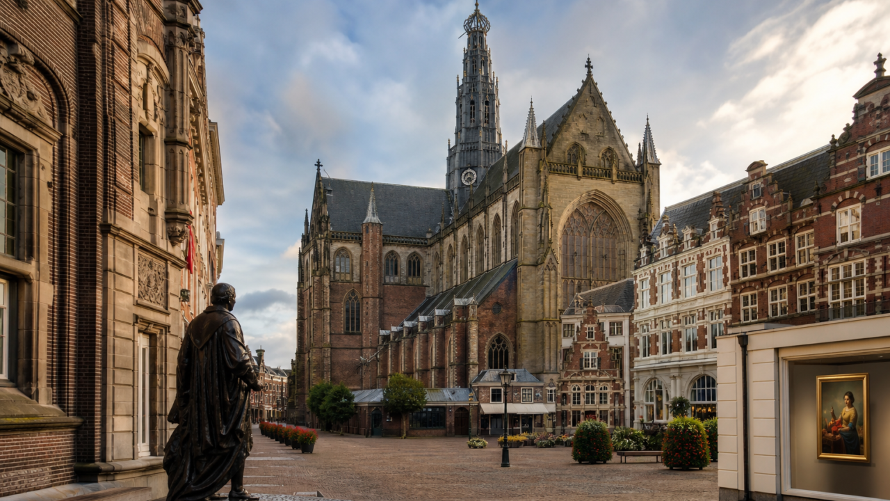 Historisch stadsplein met een grote gotische kerk en omliggende oude gevels, gezien vanaf een standbeeld