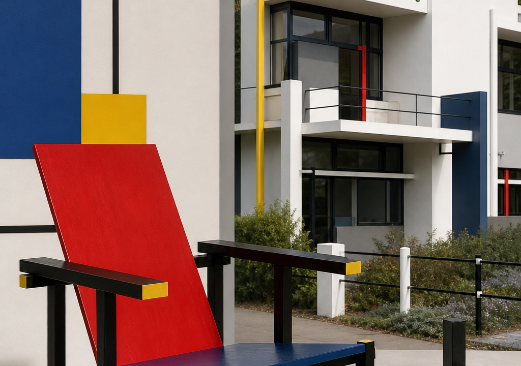 Modern stoel in Mondriaan-stijl met rood, blauw, geel en zwart, voor een wit huis