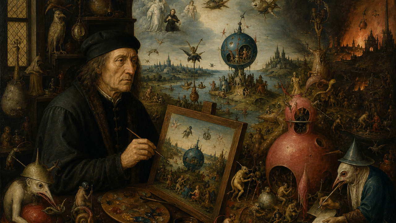 Schilderende man in een surrealistisch tafereel met bizarre figuren, zwevende objecten en brandende stad op de achtergrond