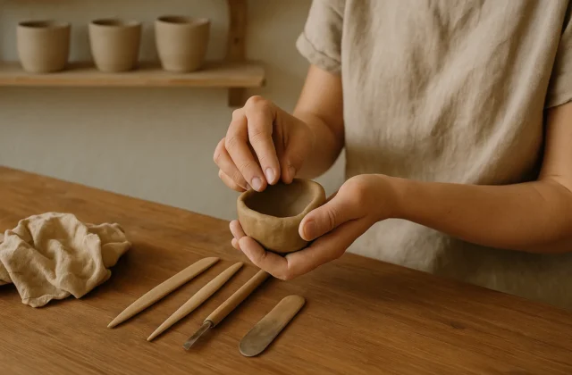 Handen die van klei een kommetje vormen aan een houten tafel
