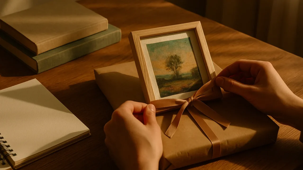 Een klein ingelijst kunstwerk wordt ingepakt als cadeau