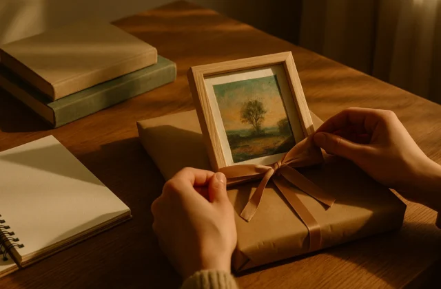 Een klein ingelijst kunstwerk wordt ingepakt als cadeau