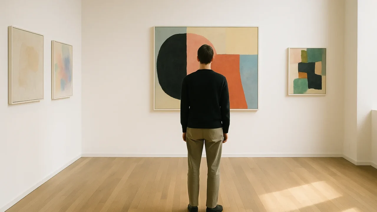 Bezoeker kijkt naar een groot schilderij in een rustige galerie