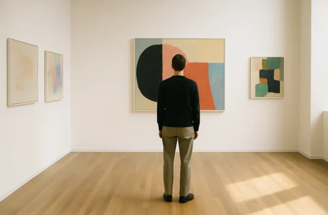 Bezoeker kijkt naar een groot schilderij in een rustige galerie