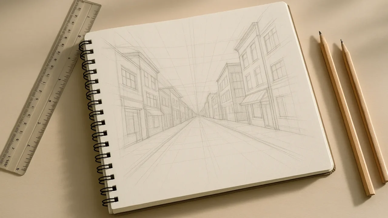 Schetsboek met een potloodtekening van een straat in perspectief met hulplijnen