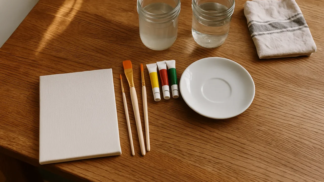 Basismateriaal voor beginnende schilders op een houten tafel