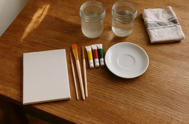 Basismateriaal voor beginnende schilders op een houten tafel