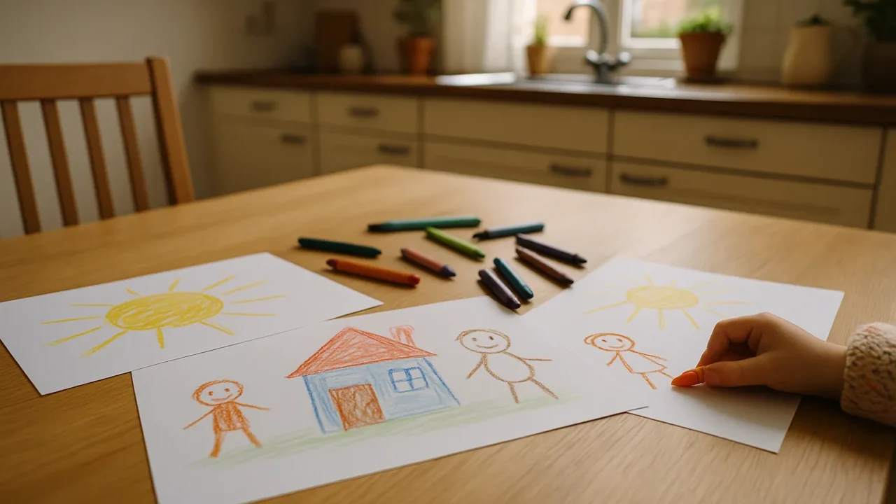 Kindertekeningen met een zon, huis en poppetjes op de keukentafel