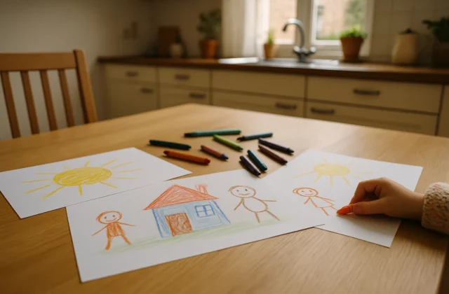 Kindertekeningen met een zon, huis en poppetjes op de keukentafel